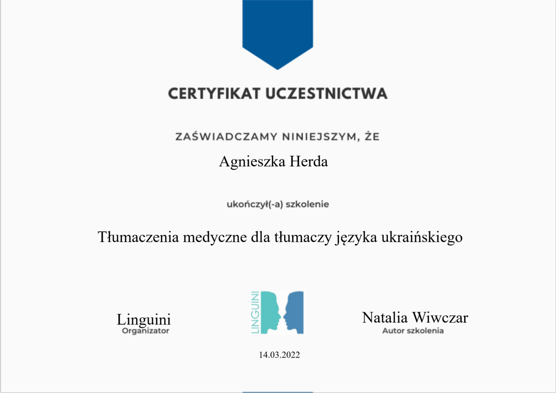 Certyfikat szkolenia: tłumaczenia medyczne dla tłumaczy języka ukraińskiego